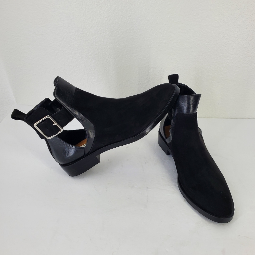 Zara Trafaluc Black Microsuede Chelsea Ankle Boots with Cutouts Low Heel Sz 37